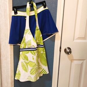 NEW Nike SWIM Floral Halter Tankini and Skirt Lime Green/Blue  Size 14
